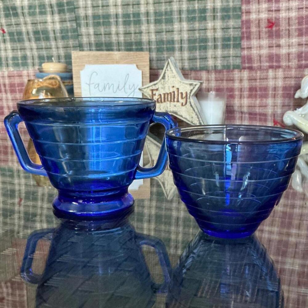 Colbalt Blue Ribbed Moderntone Vintage Depression Glass Set
